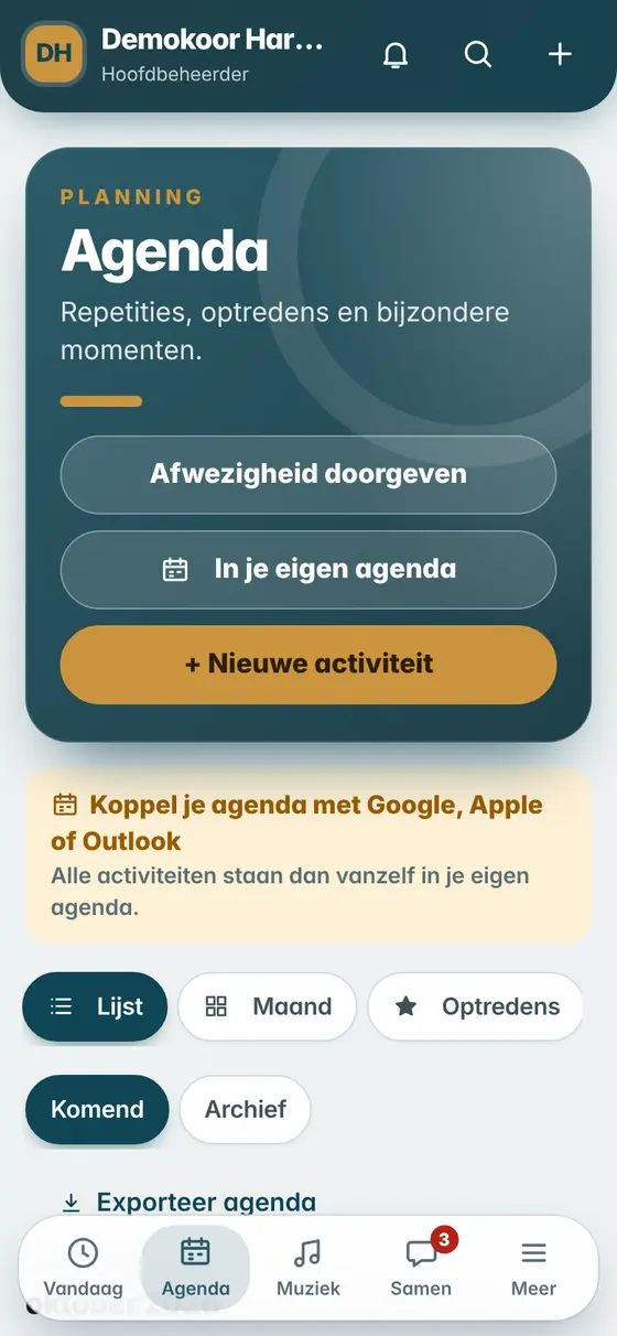 Het scherm Agenda met repetities en optredens