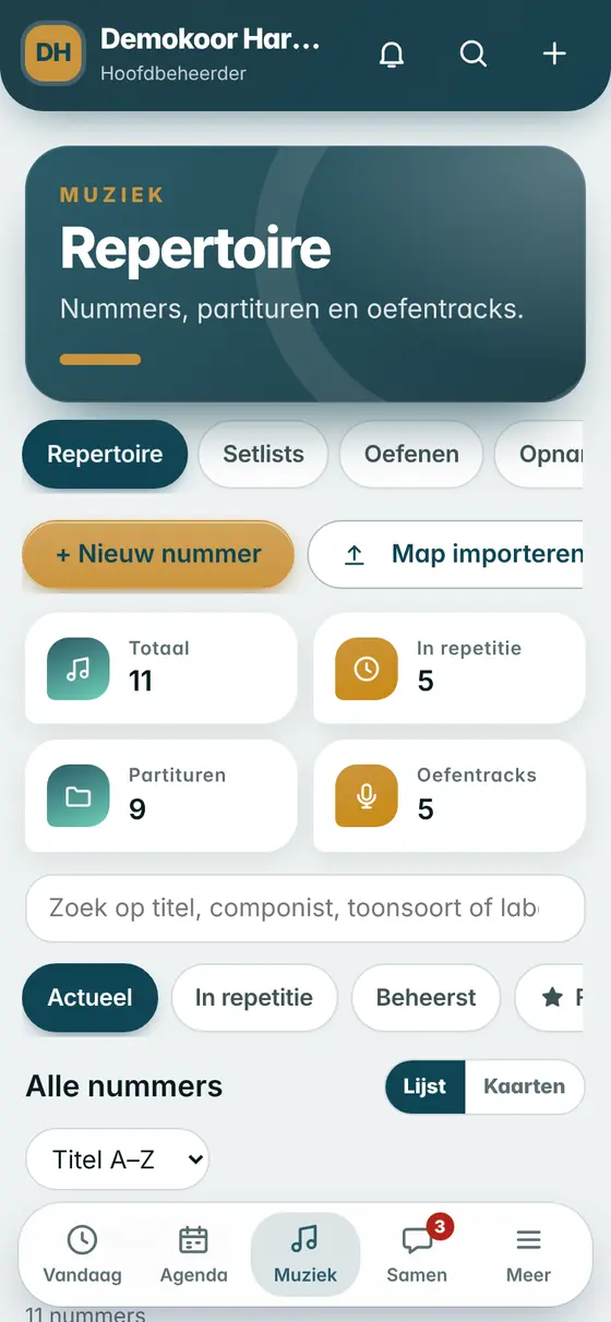 Het scherm Muziek met het repertoire van het koor
