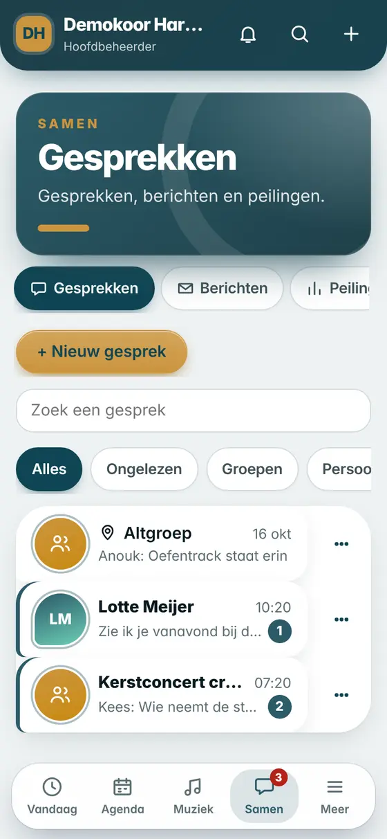 Het scherm Samen met berichten en gesprekken