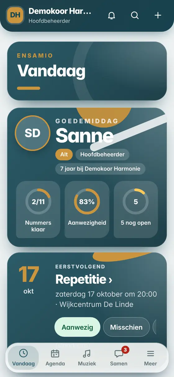 Het startscherm Vandaag van de app met de eerstvolgende repetitie