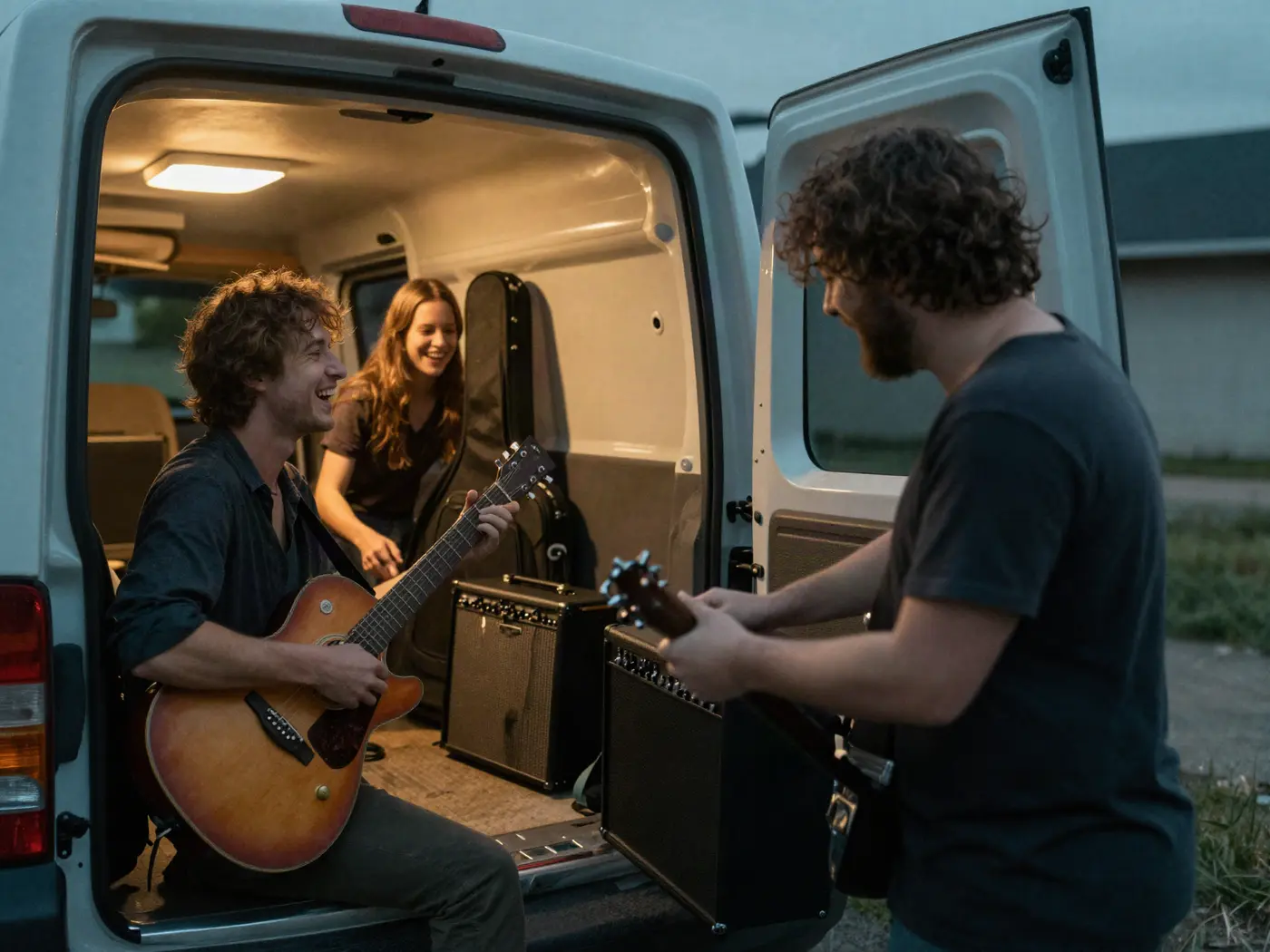 Bandleden lachen bij een bus vol versterkers en gitaren