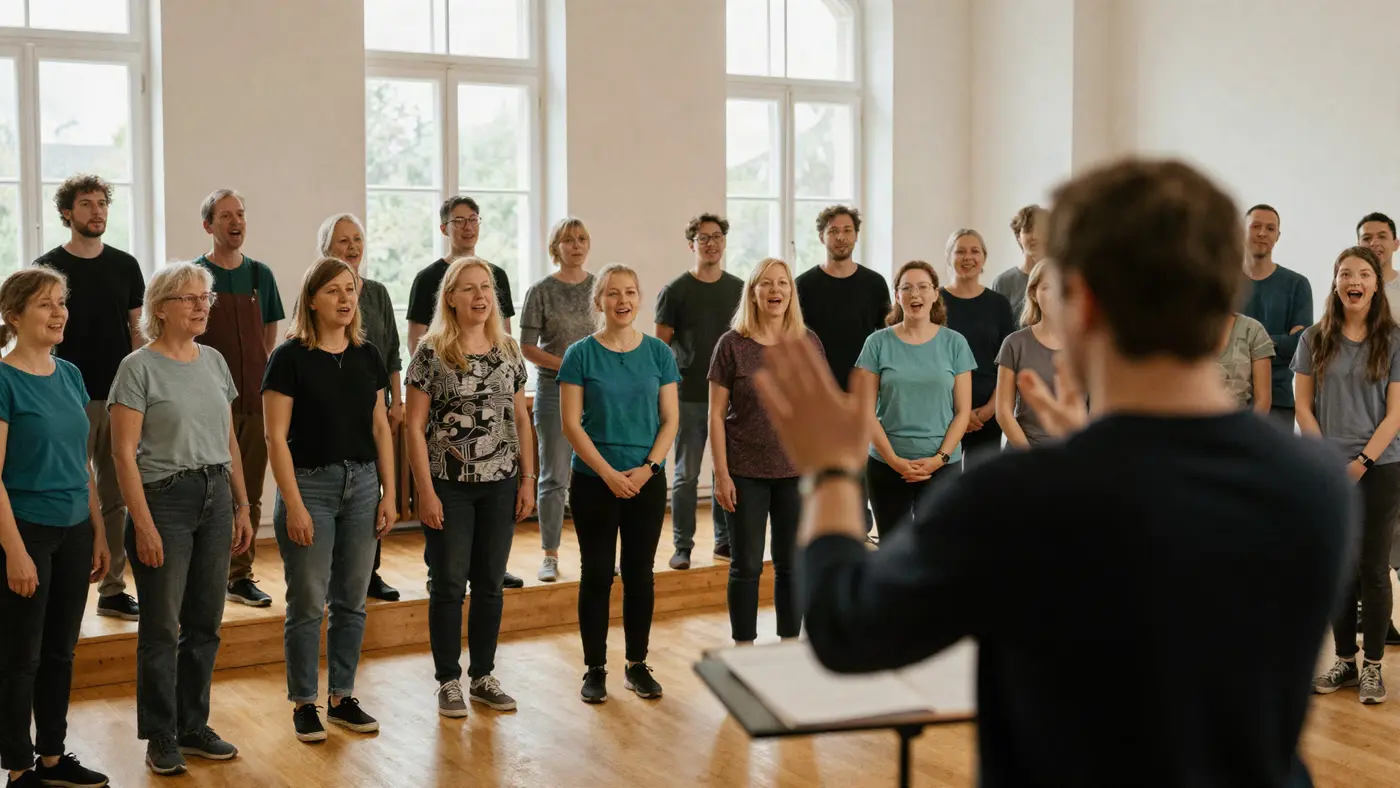 Een koor zingt tijdens de repetitie onder leiding van de dirigent