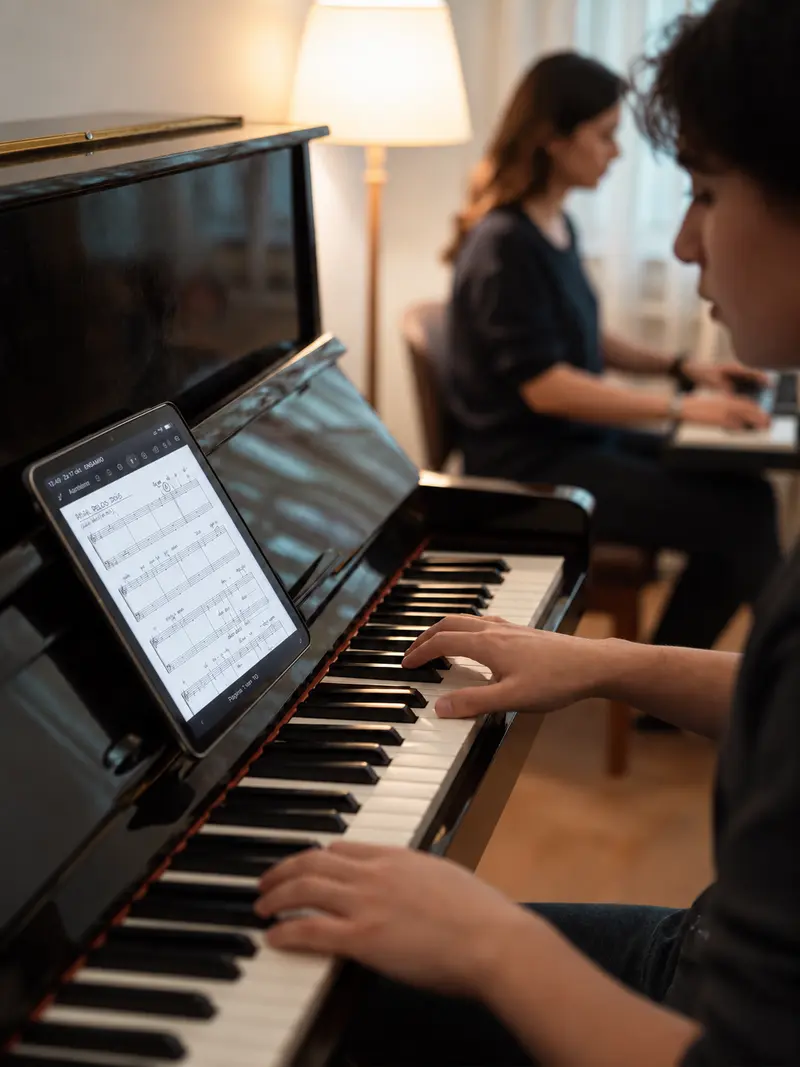 Een pianist speelt met bladmuziek op een tablet op de piano