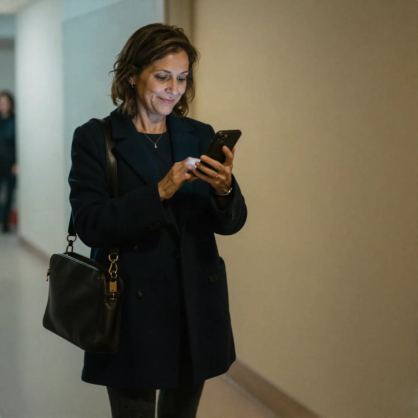 Een vrouw kijkt glimlachend op haar telefoon in een gang